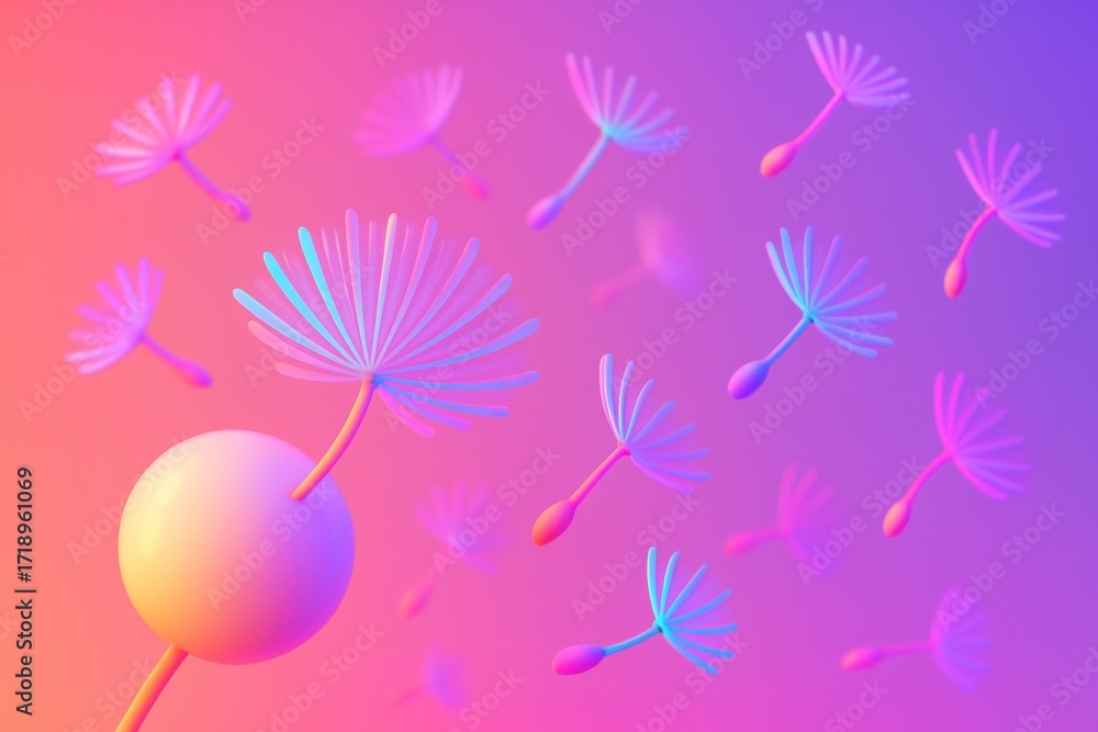 Poster abstract dandelion seeds with neon glow floating in colorful gradient background in surreal style wi