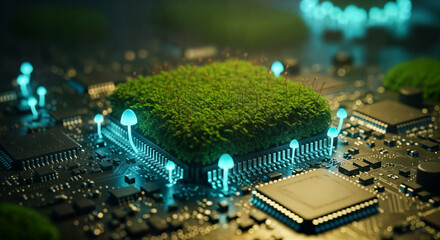 A vibrant green mosscovered computer chip glows with ethereal blue light, surrounded by tiny bioluminescent mushrooms on a circuit board, symbolizing ecofriendly technology and innovation