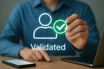 Person validates user identity with digital checkmark and glowing icon