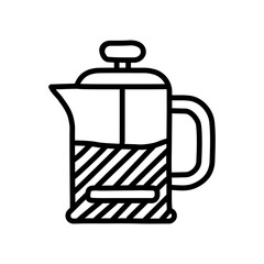 French press coffee maker with liquid, black and white line art.