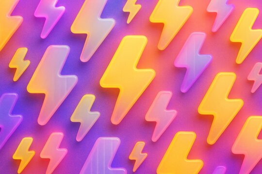 Colorful glossy lightning bolt icons in vibrant pink, yellow, and purple tones forming a seamless creative background pattern on gradient backdrop. Ai generative