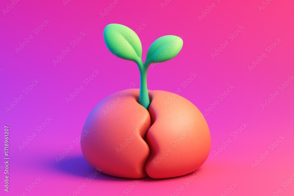 Poster abstract peach-shaped object with green sprout growing from center on vibrant pink background in pla