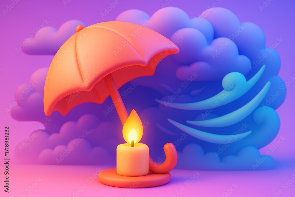 Poster surreal abstract composition of umbrella shielding candle flame from wind with colorful cloud backgr