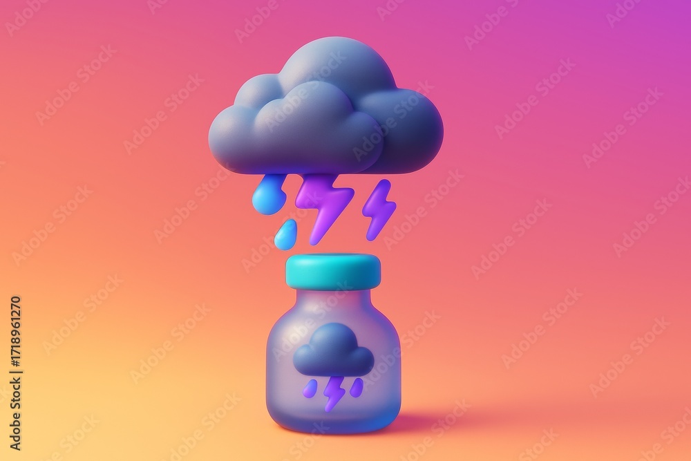 Poster abstract thundercloud dripping lightning and raindrops into a small glass bottle on a colorful gradi