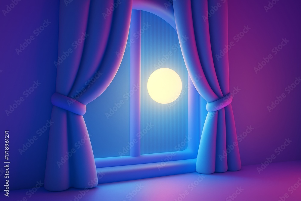 Poster glowing moonlight through window with curtains in surreal colorful room background with soft gradien