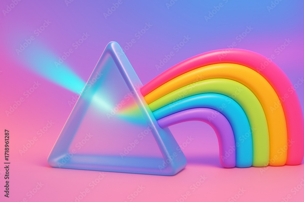 Poster abstract prism with rainbow light spectrum on colorful gradient background in surreal smooth style, 