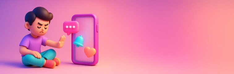 Cartoon boy ignoring smartphone notifications with hand gesture, sitting on floor beside oversized phone on pink background with copy space. Ai generative