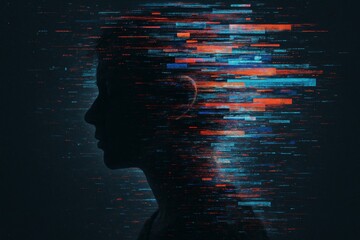 Silhouette of human head dissolving into digital glitch with blue and red lights on dark background, futuristic technology mind concept. Ai generative