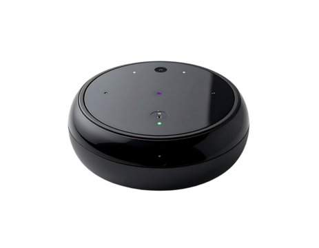 Sleek, black, orb-shaped smart speaker with subtle light indicators on its polished, reflective top surface - Powered by Adobe
