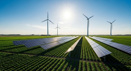 Sustainable farm shows wind turbines and solar panels under a clear blue sky.