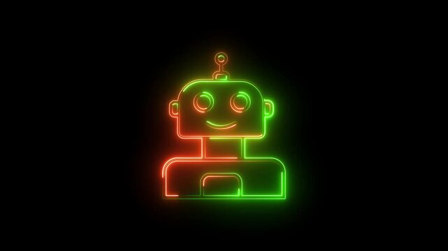 Animated glowing blue neon robot icon against a black background depicting artificial intelligence.Animated robot icon with glowing blue neon lines and wireless signal technology.4k