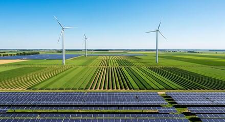 Expansive rural landscape featuring sustainable energy with wind turbines and solar arrays.