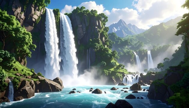 Lush valley with cascading waterfalls, vibrant greenery, and rocky terrain