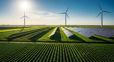 Scenic aerial view of a farm featuring rows of crops, solar panels, and windmills, with a vibrant