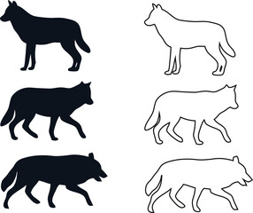 Wolf vector icon set featuring outline and flat silhouette styles, perfect for wildlife logos, branding, and digital design.