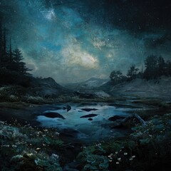 Nightly landscape, misty, starry sky, tranquil scene