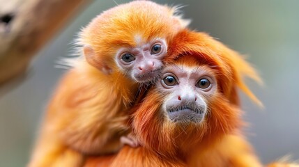 Golden lion tamarin mother carrying baby on back