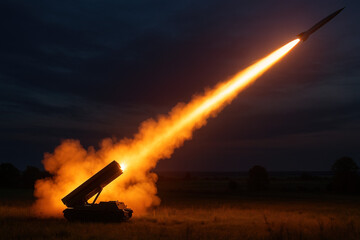 Obraz premium Night Launch: A Missile Streaks Across the Dark Sky with Fiery Trail