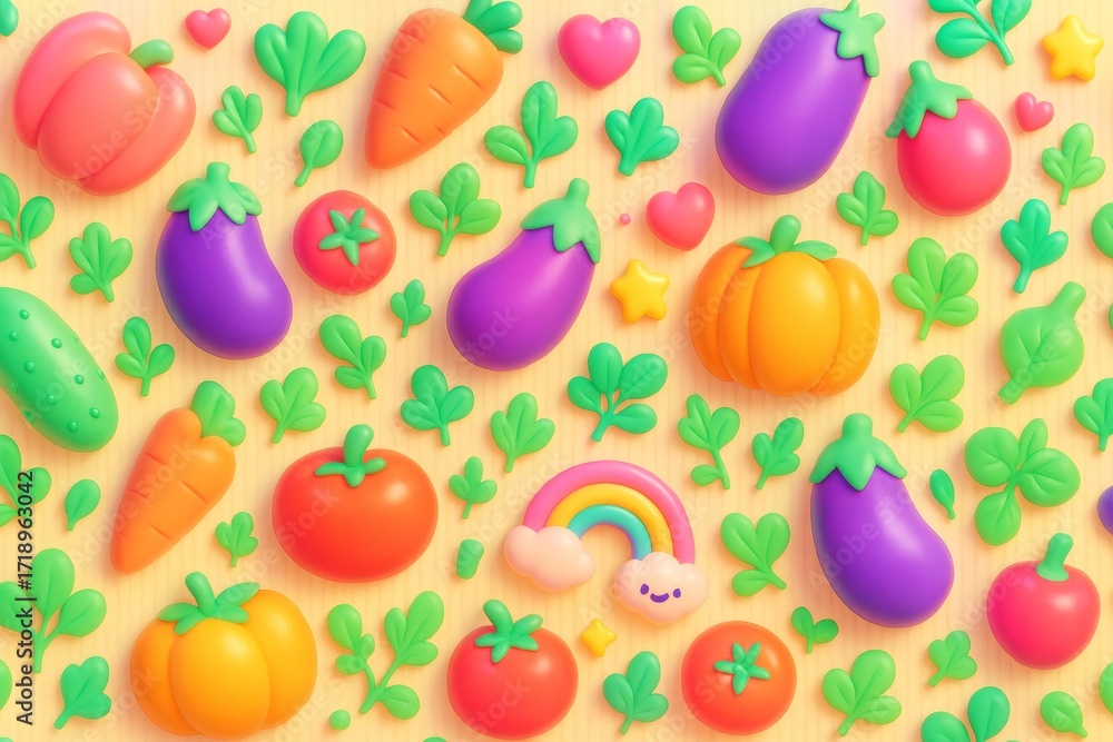 Poster cute colorful vegetables and fruits pattern with smiling rainbow and hearts on soft light background