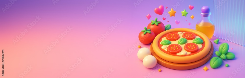 Poster colorful cartoon pizza with ingredients and floating icons on pink to purple background with empty c