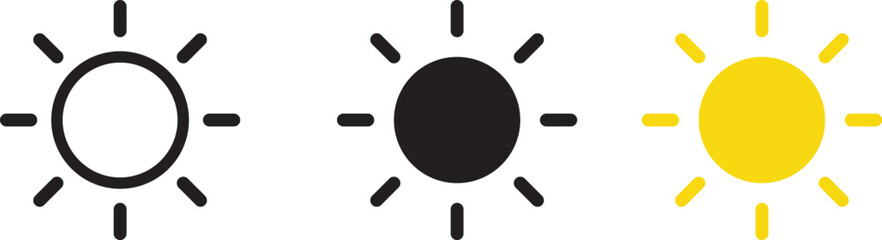 Outlined and filled sun icon symbols .  Summertime figure concept. Sunset symbol. Hot solar energy for tan. Sunshine simple icons collection