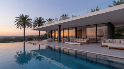 Fototapeta premium Modern Luxury Villa with Infinity Pool at Sunset