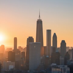 Fototapeta premium Inspiring Wallpaper of City Sunrise with Skyscrapers Illuminated by Golden Light, Blending Urban Skyline and Morning Sky for a Fresh, Bright, and Dynamic Atmosphere