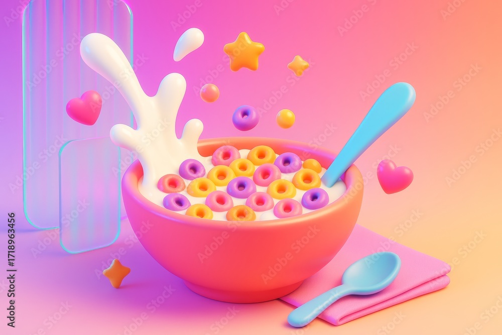 Poster colorful cereal bowl with milk splash and floating shapes on pink-orange background in playful abstr
