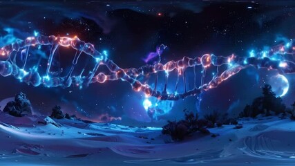 Animated DNA Strand Against a Starry Sky Landscape Reveals Genetic Future, Animated 360? - Powered by Adobe
