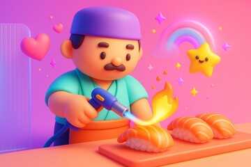 Cute cartoon sushi chef using torch to sear salmon sushi with hearts, stars, and rainbow on colorful pink background in playful style. Ai generative