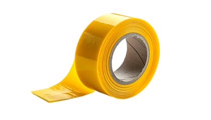 A roll of bright yellow, translucent tape with a slightly unwound section, showcasing its adhesive properties and vibrant color against a black background