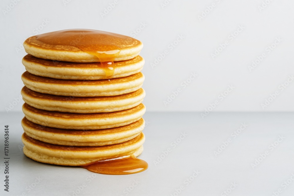 Poster Stack of golden pancakes with syrup dripping, placed on light background with empty copy space for food banner or breakfast concept template. Ai generative