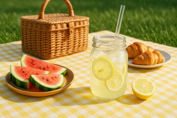 Summer picnic scene with fresh lemonade, watermelon slices, croissants on yellow checkered blanket in sunlight with green grass background. Ai generative