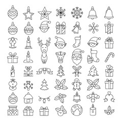 Christmas holiday icon collection featuring Santa reindeer and festive symbols in a thin line art style.