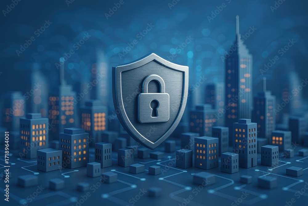 Poster cybersecurity shield over metropolis: a digitally rendered image depicts a secure shield prominently