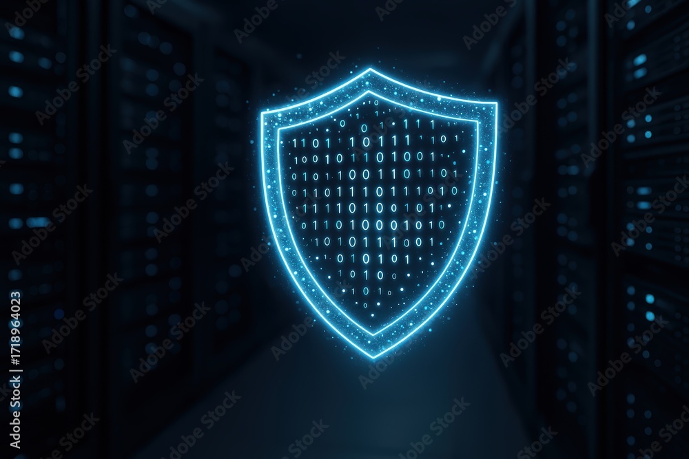 Poster cybersecurity shield: an illustrative image showcases a digital shield formed by glowing lines, over