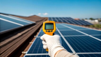 Worker measuring temperature of solar panels with infrared thermometer on roof
