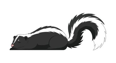 Tranquil cartoon skunk napping peacefully with its iconic black and white stripes displayed in the sunlight on white background