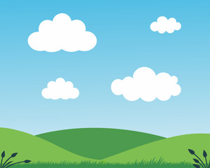 Beautiful landscape background Vector, Fresh background with green grass blue sky with clouds dream field vector realistic seamless pattern.