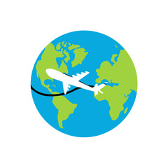 Airplane around earth sign icon. airplane travel logo, modern symbol vector illustration for web