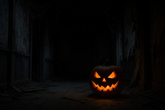 Glowing Jack-o'-Lantern in a Dark, Creepy Hallway: Halloween Night Scene
