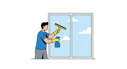 Illustrative depiction showcasing the meticulous process of a man washing windows with specialized cleaning equipment resulting in sparkling