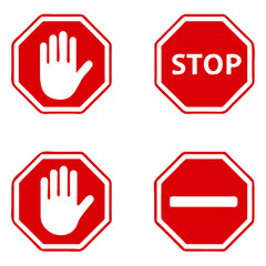 Obraz premium stop road sign, Red stop symbol with hand in octagon shape. forbidding sign or icon. dangerous, do not enter. vector illustration