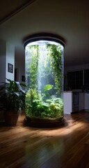 Cylindrical aquarium with lush greenery, lit from within, in a home interior