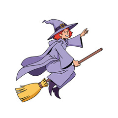 Friendly cartoon witch with red hair and a purple robe flying on a magic broomstick.
