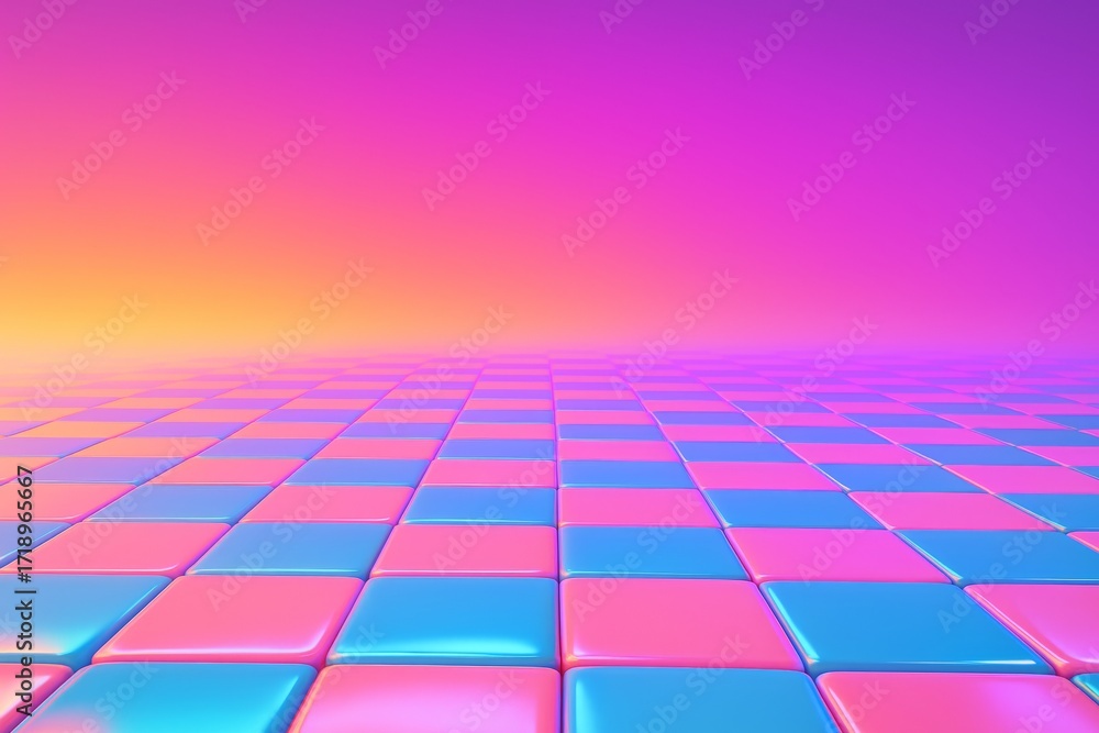 Poster futuristic glowing tile floor with neon pink and blue squares under a vivid gradient light backgroun