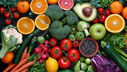 A vibrant overhead shot showcasing an array of fresh produce, including citrus fruits, leafy greens, and various vegetables, arranged on a dark surface