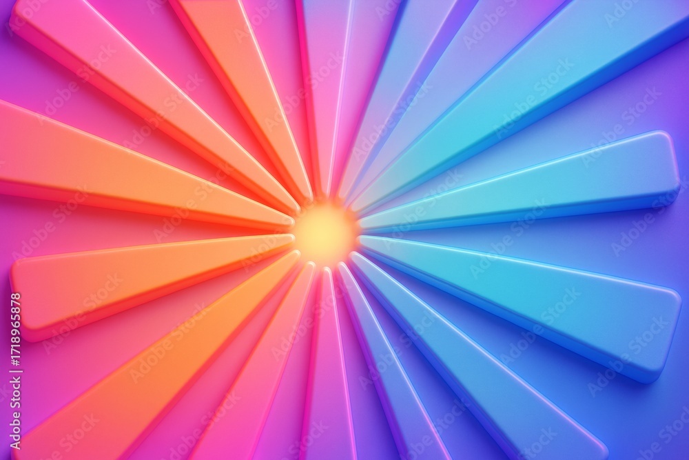 Poster colorful radial burst with warm glowing center and smooth 3d shapes in gradient hues on abstract bac