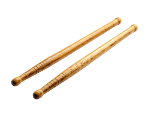 Two light-brown wooden drumsticks with rounded ends and textured grips lie parallel against a black background