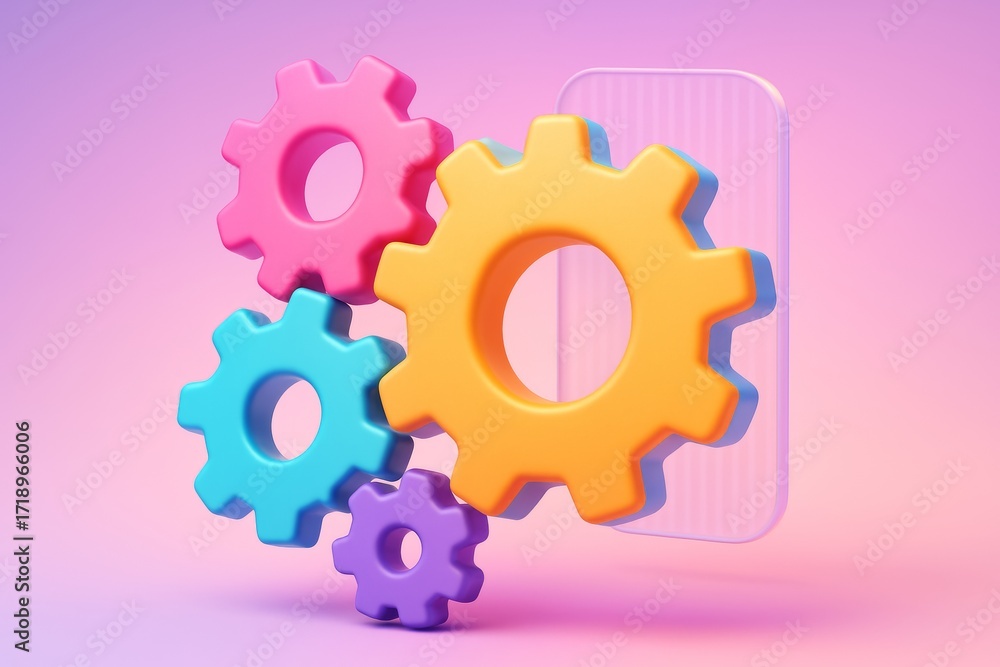 Poster colorful 3d gears floating against a soft gradient background in pastel tones symbolizing teamwork, 